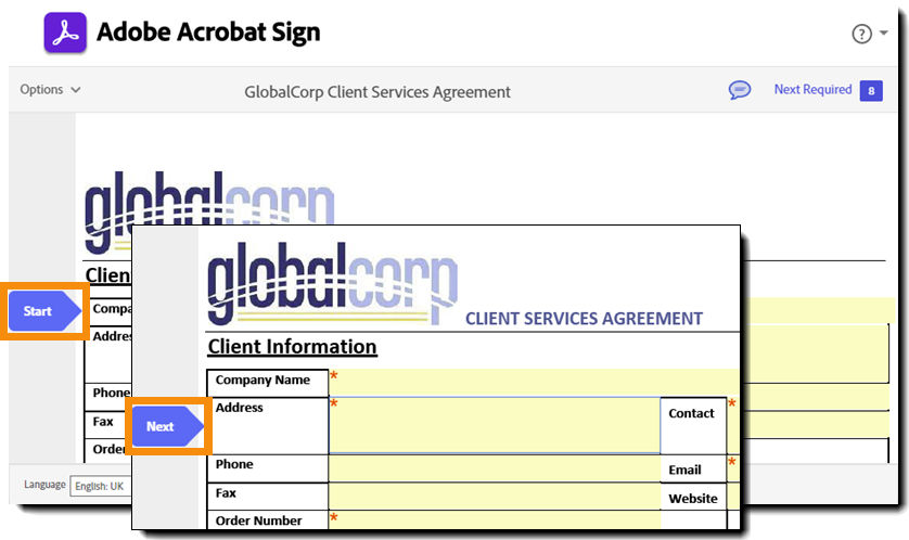 The e-sign page highlighting the Start/Next field indicator.