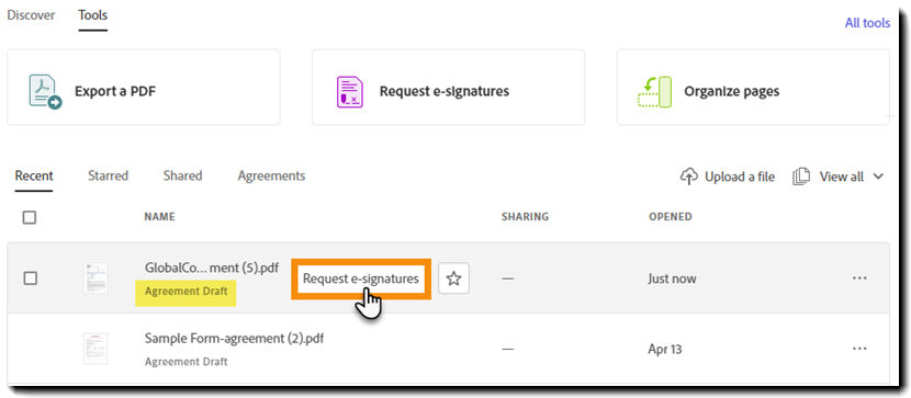 Request e-signatures from quick action on Draft agreement