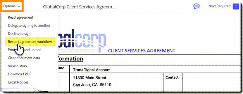 E-signing option to restart the agreement