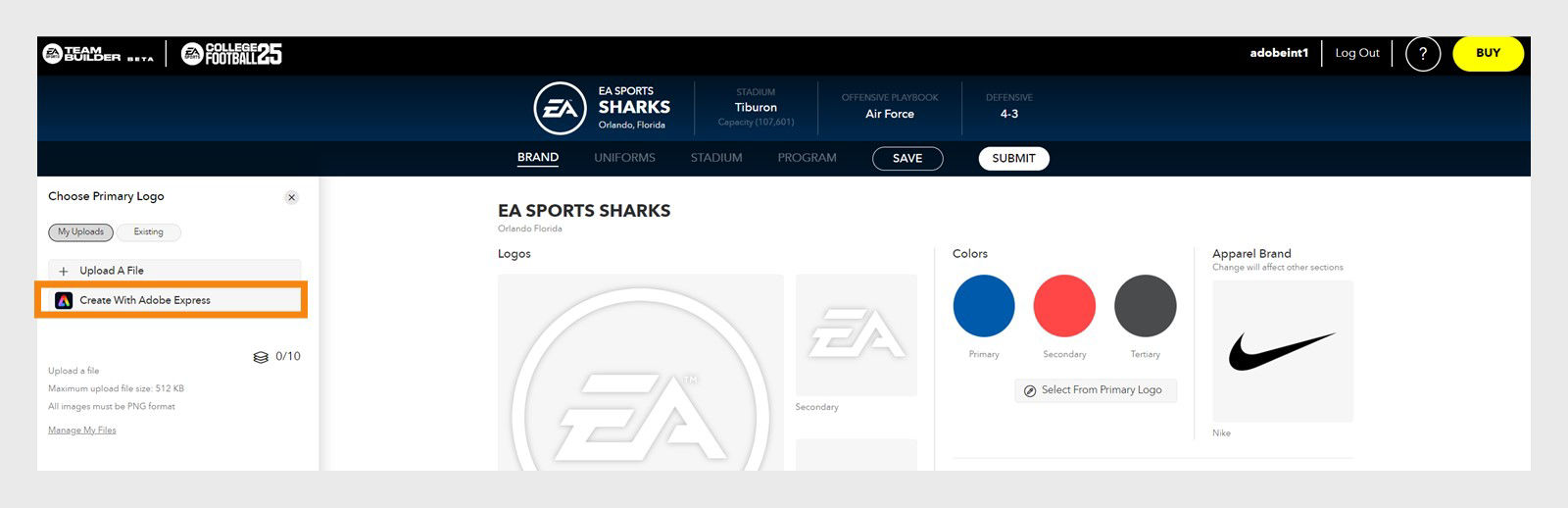 EA Sports Team Builder website open on the Logos page with the option to Create with Adobe Express.