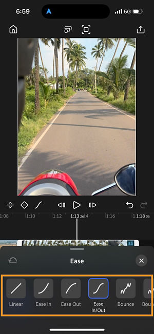 Ease menu showing Linear, Ease In, Ease Out, Ease In/Out, and Bounce options.