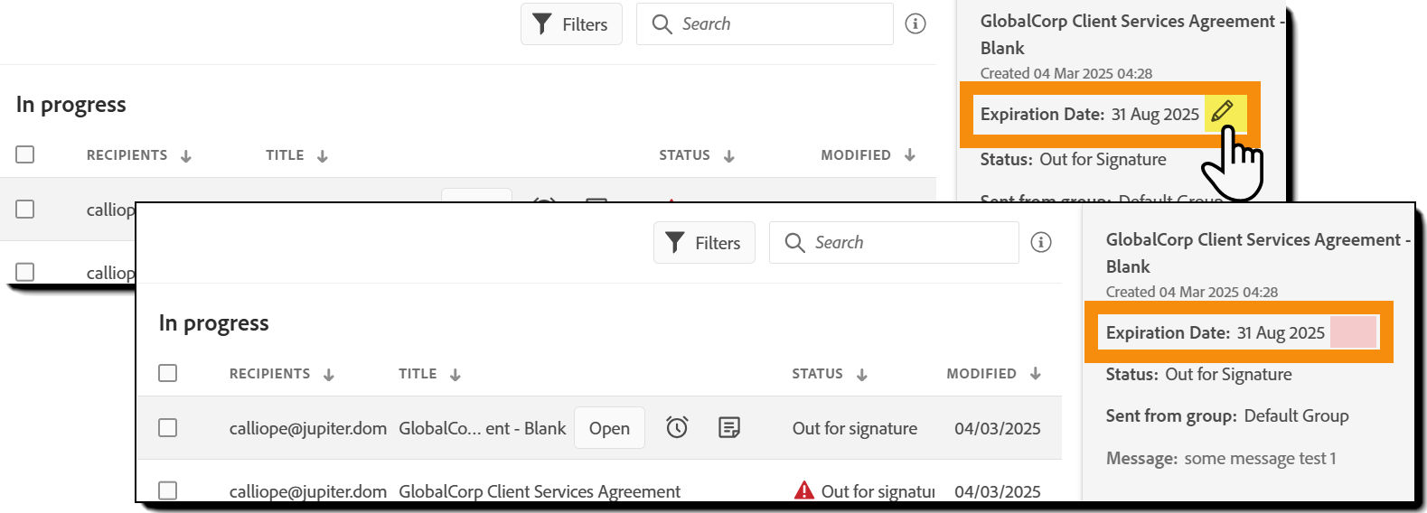 Two examples of the Manage page, one highlighting where the Edit icon is, and the other highlighting that no icon is present.