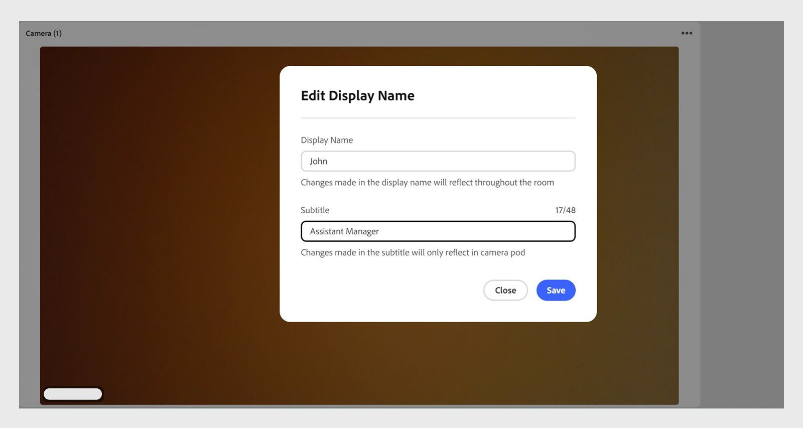 Edit dislpay name pop out window showing the options to add the display name and subtitle