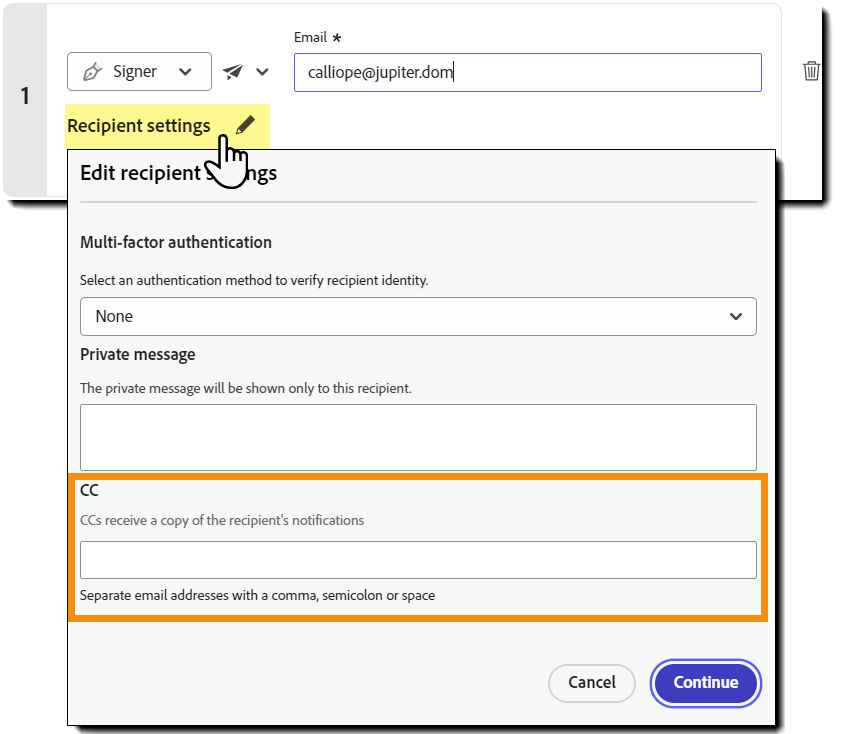 The "Send " page showing the configuration panel for the CC'd party.