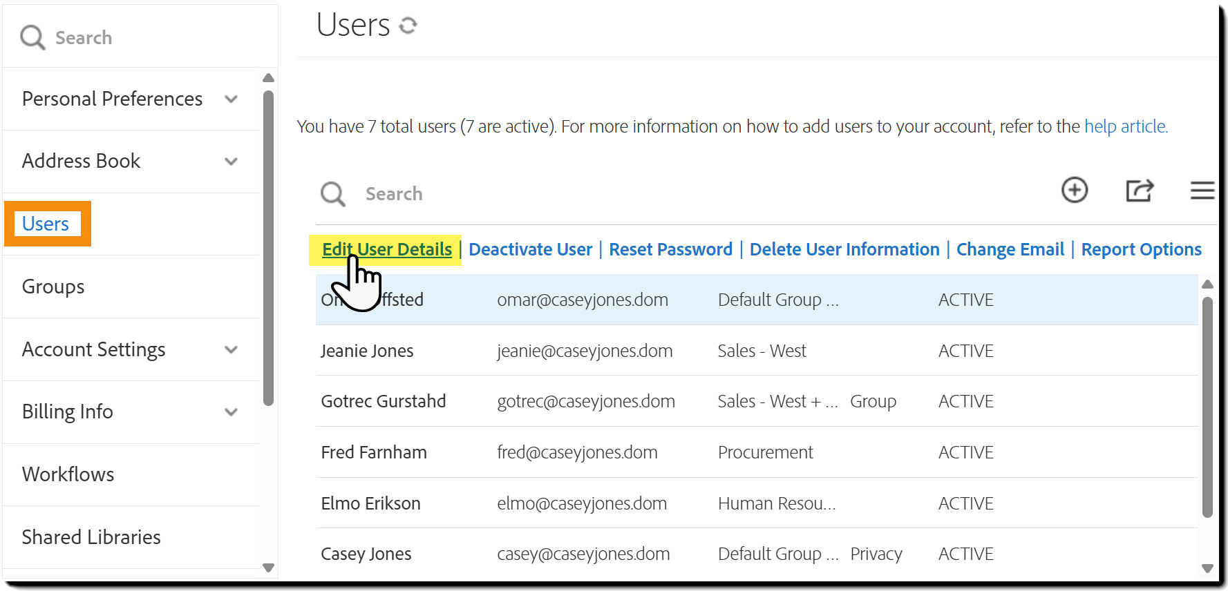 The Users page with the user details exposed