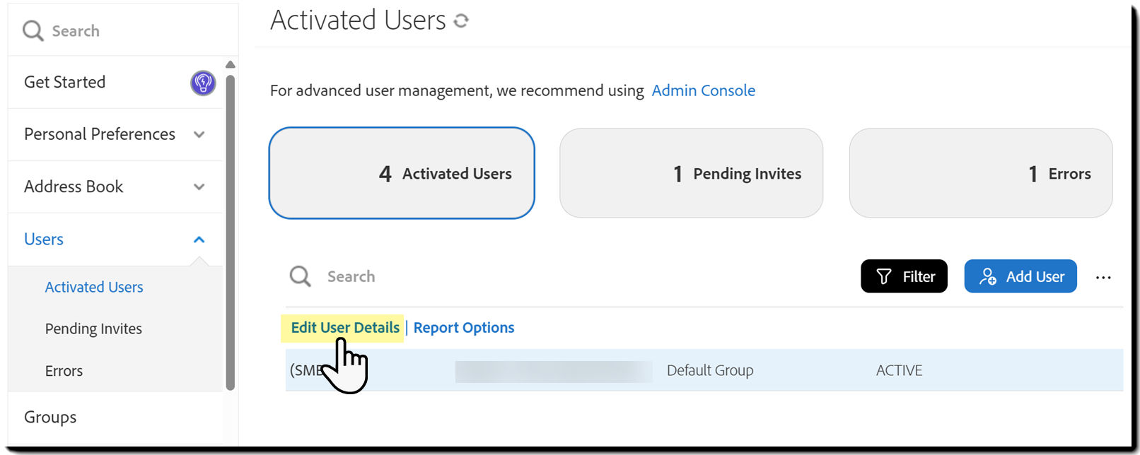 The Activate Users list with the Edit User Details action highlighted.