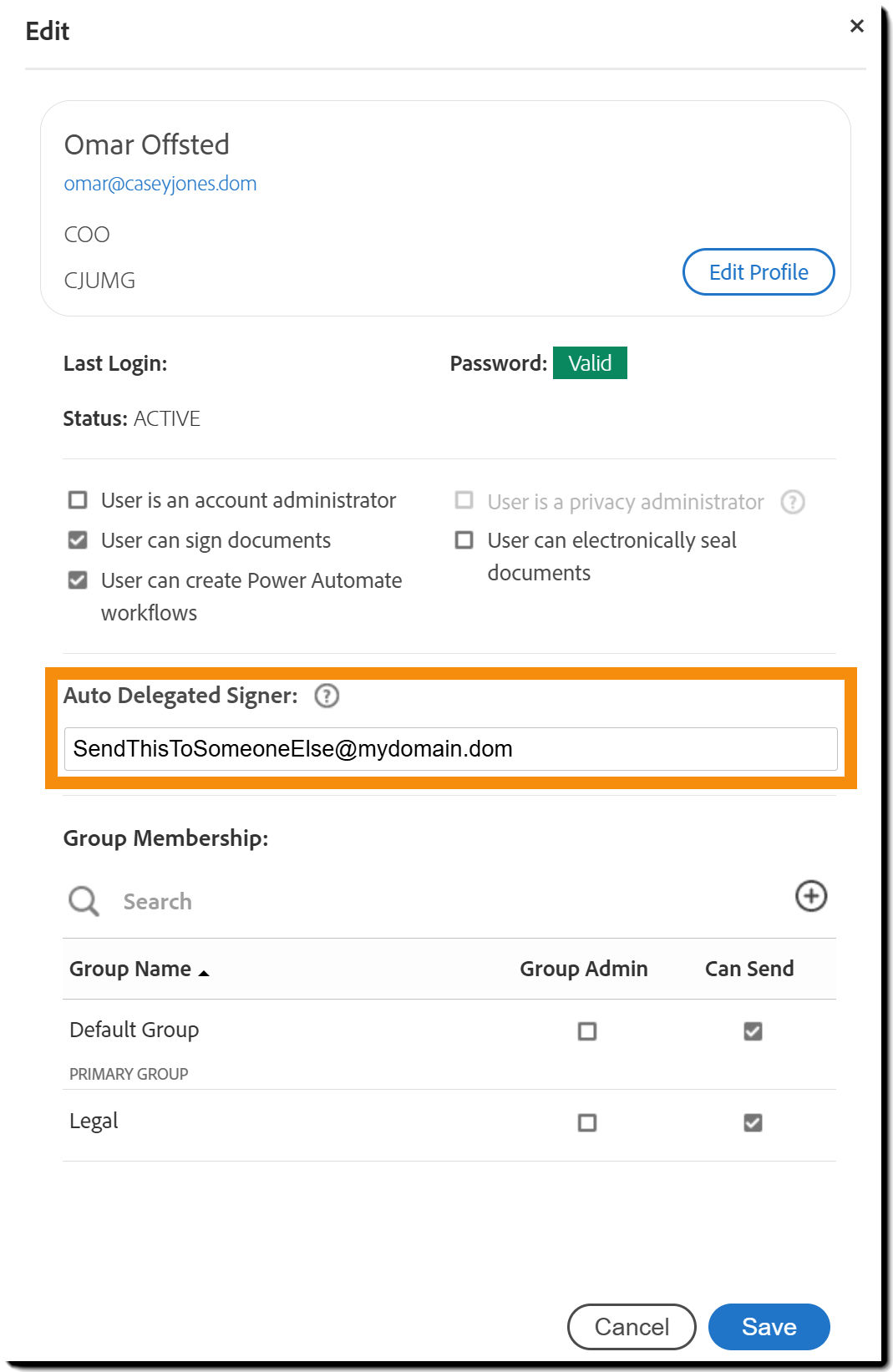 The Edit User interface with the Auto Delegated Signer option highlighted
