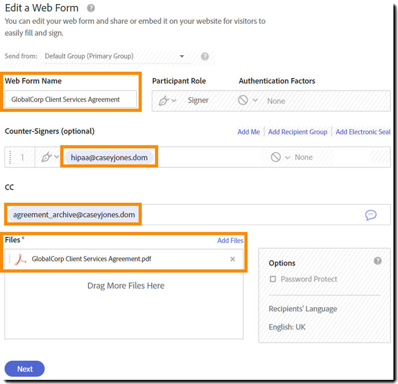 Edit options for a Draft web form