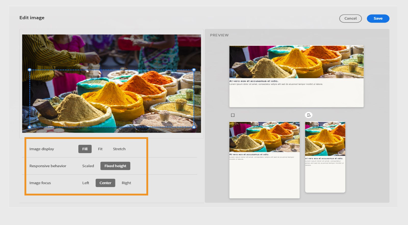 Crop the image and adjust the focus and responsive behavior