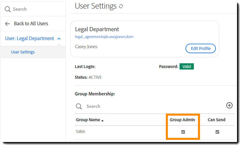 The User Settings interface highlighting the Group Admin checkbox for the group