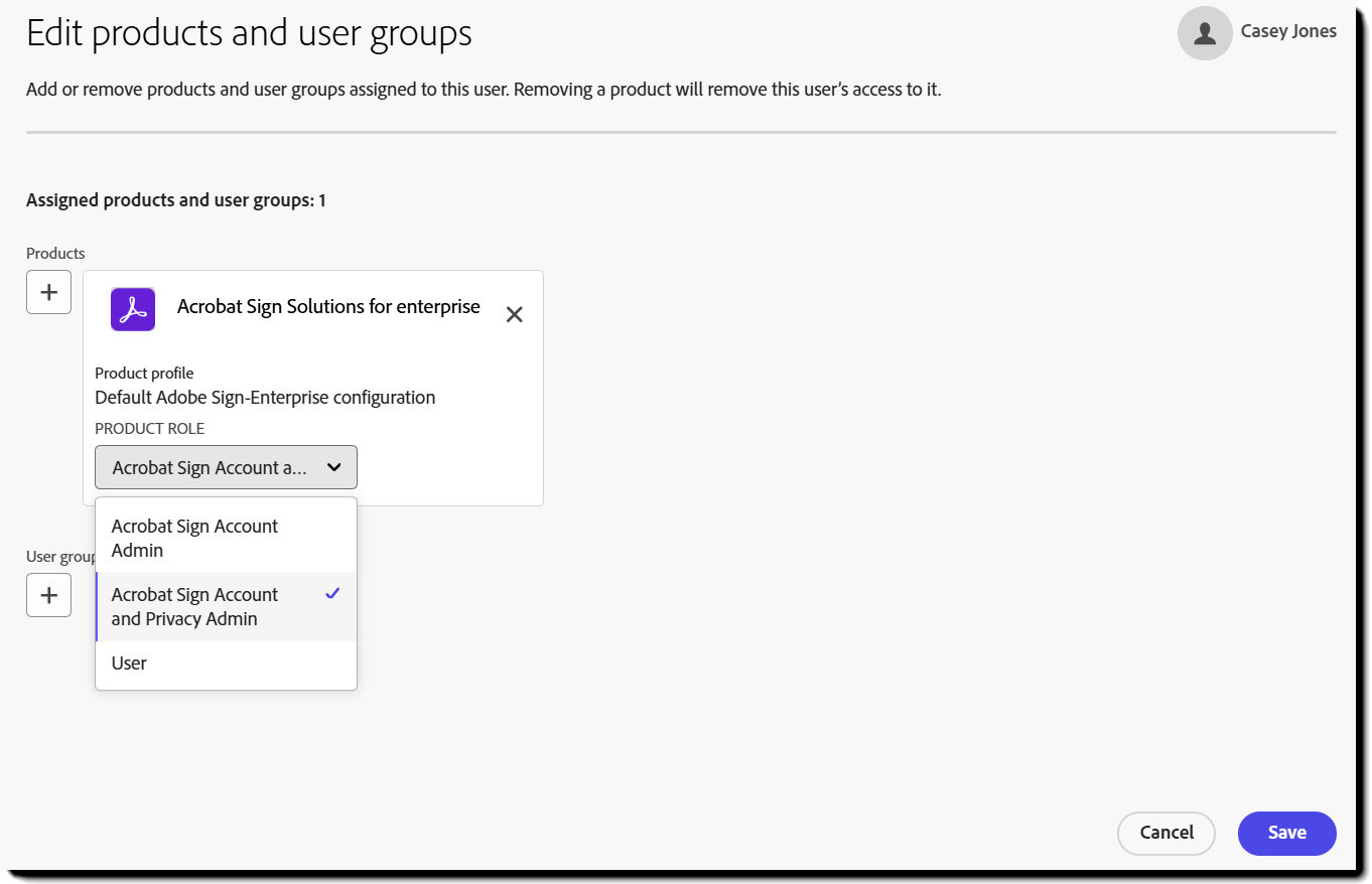 The users assigned products page with the Product Role menu expanded.