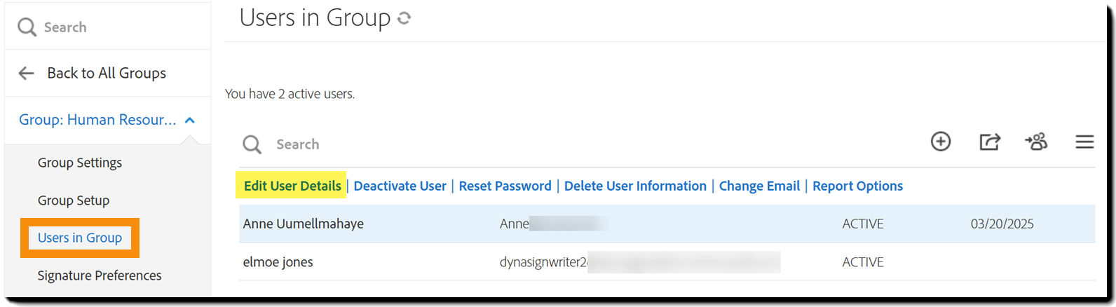 The Users in Group page with one user selected and their actions exposed.