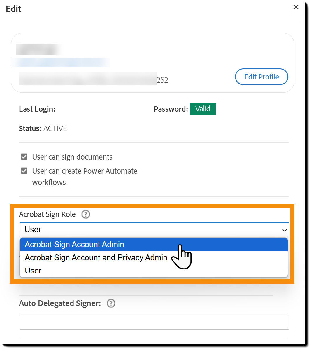 The User profile highlighting the Acrobat Sign role drop-down.