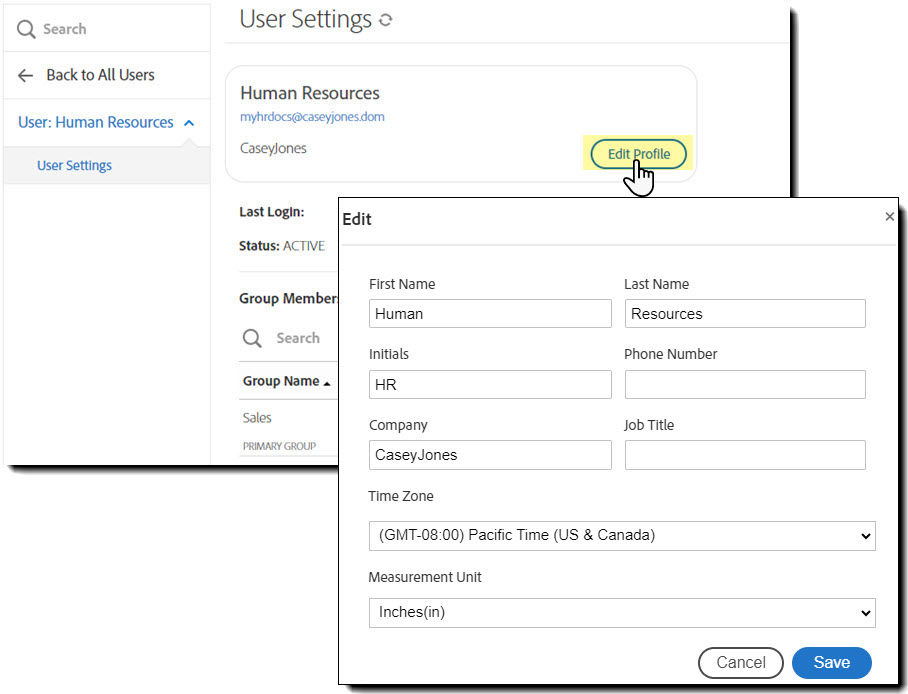 The USer Settings interface with the Edit PRofile button highlighted and the Edit interface showing the users profile fields