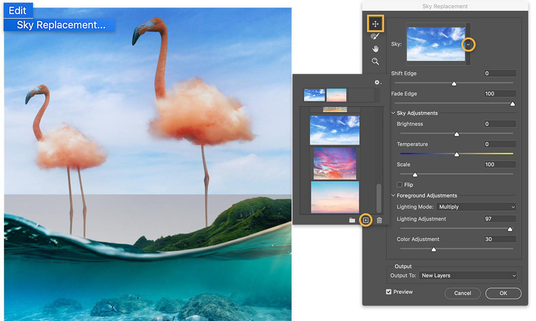 Edit > Sky Replacement menu over the flamingo photo, Sky Replacement panel shows a blue sky preview and the add icon circled.