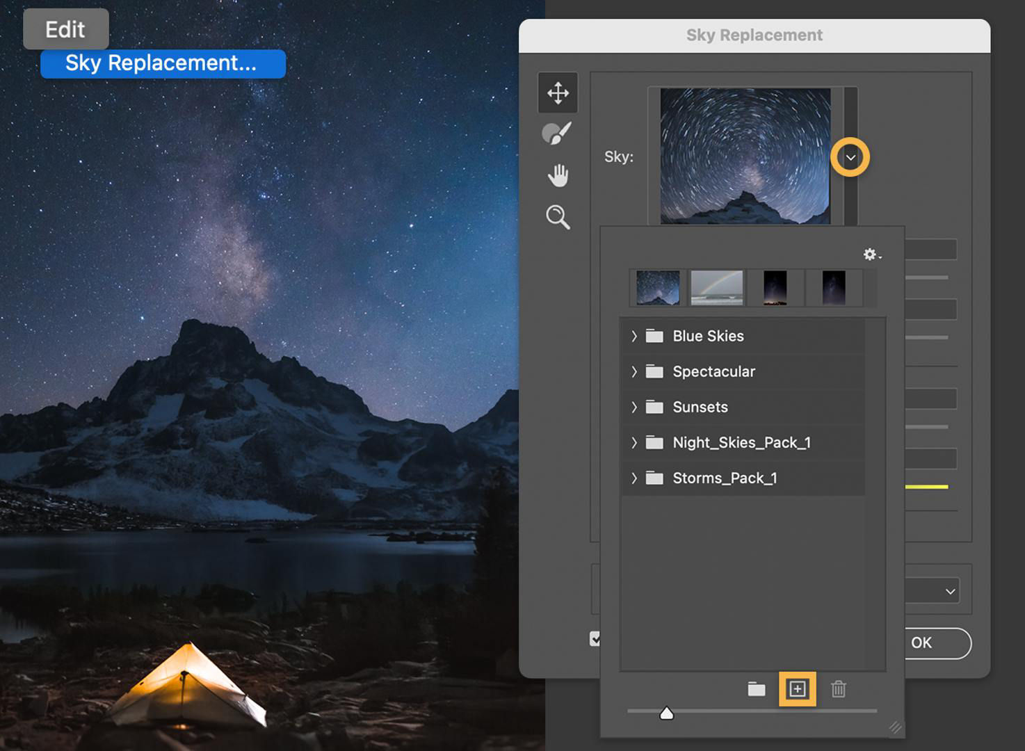 Edit > Sky Replacement menu selected and the plus button and new spiral star sky thumbnail is highlighted in the Sky Replacement panel.