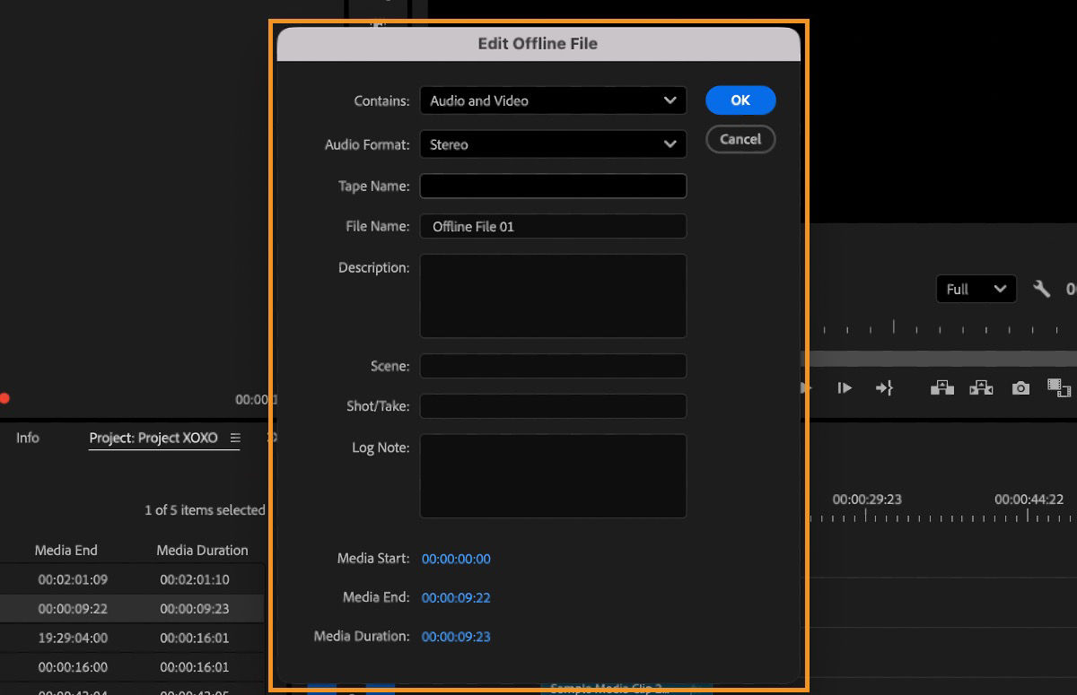 Edit Offline File dialog showing fields for contents, audio format, tape name, file name, description, scene, shot/take, and log note.
