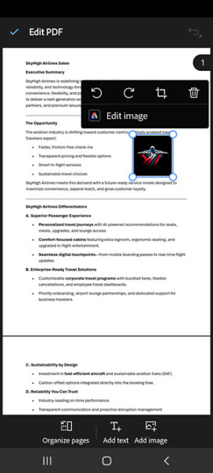 Edit image toolbar in a PDF showing options to rotate, crop, and adjust a selected image using on-screen handles.