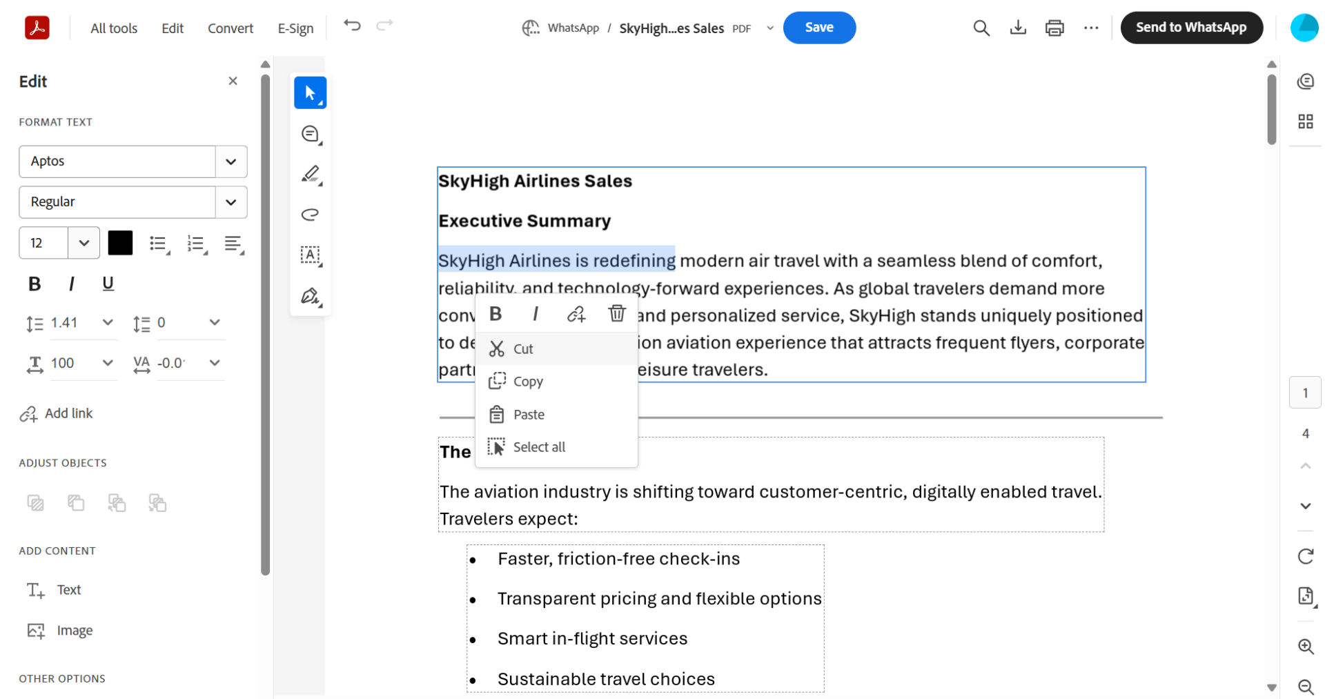 Edit panel in Adobe Acrobat for WhatsApp showing text formatting options, add text and image tools, and page management options for a document.
