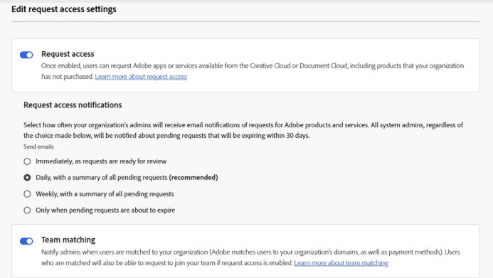 Edit request access settings dialog ox displays the options to configure the requests.