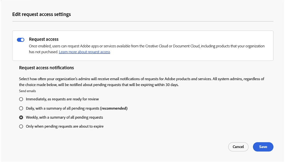 Edit request access settings page displays the Request access toggle and request access notification options to set frequency of notifications. By default, Daily nitification settings are suggested by Adobe.
