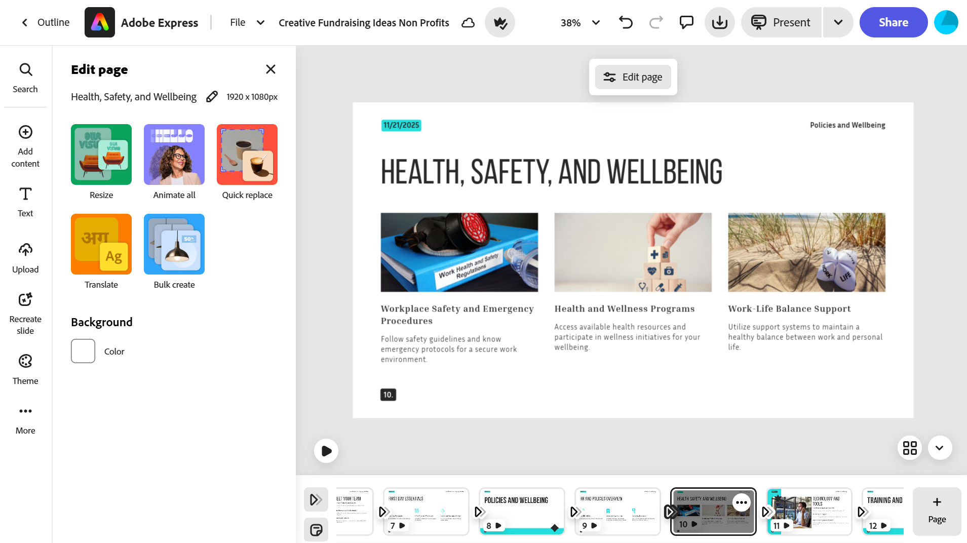 Edit tools panel open beside a slide, allowing customizations to a single slide or every slide.