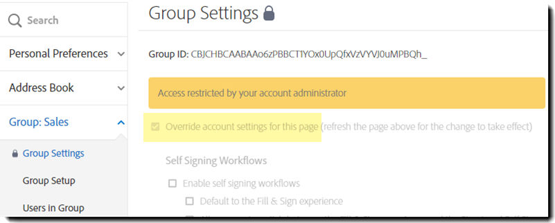 A disabled page of settings showing that the override for the group settings is still enabled