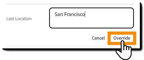 The example attribute value in  an editing mode with the Override button highlighted.