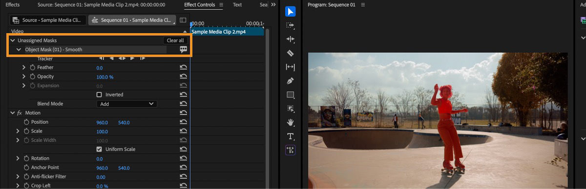Effect Controls panel showing an object mask with options for feather, opacity, and expansion.