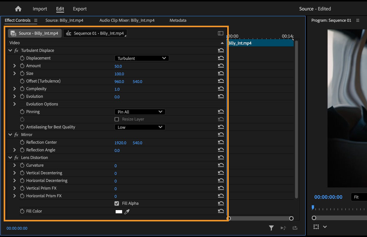 Effect Controls panel showing video effects listed under the Source tab for a selected clip.