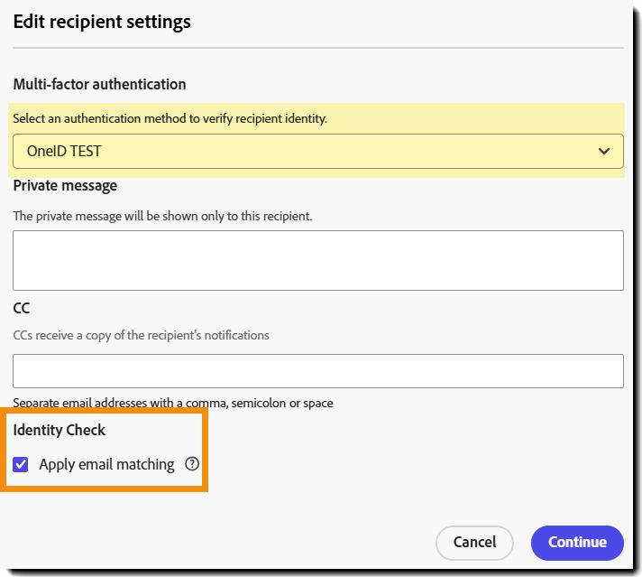 The senders view of the recipient settings when email checking is allowed