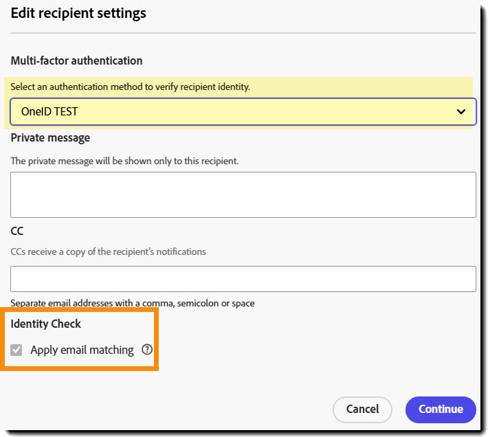 The senders view of the recipient settings when email checking is required