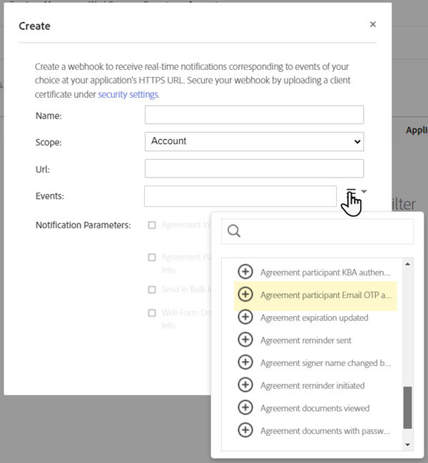 The webhook creation panel open with the Email OTP event highlighted