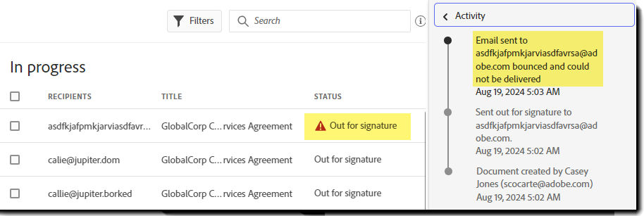 The Manage page highlighting an agreement with a bounced email alert and the agreement history displayed along side.