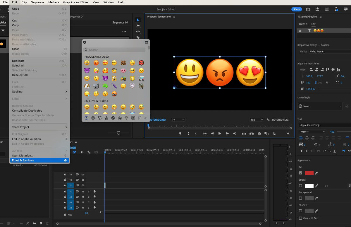 UI shows Emojis & Symbols option selected through the main Edit menu, and emojis inserted directly into the text layers.