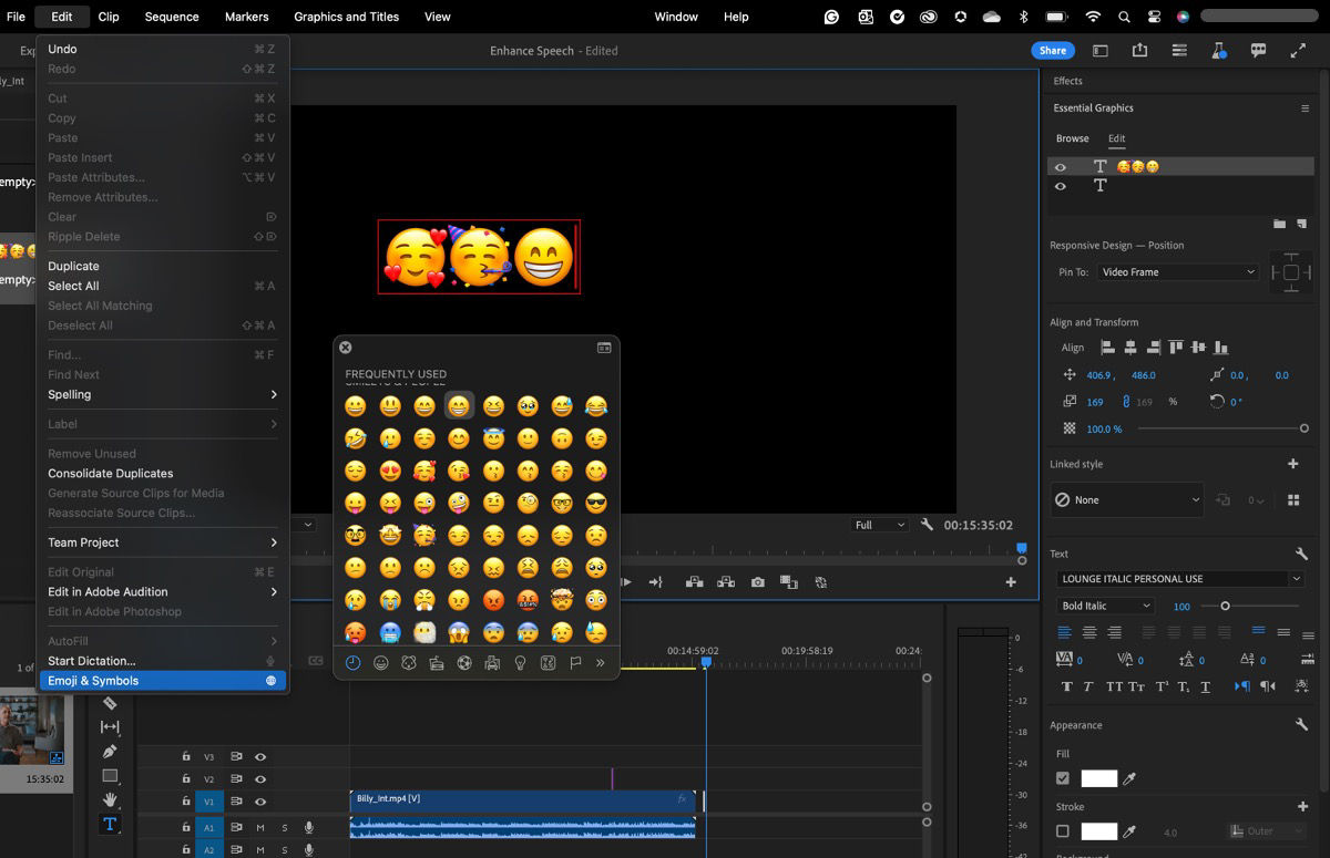 UI shows Emojis & Symbols option selected through the main Edit menu, and emojis inserted directly into the text layers.