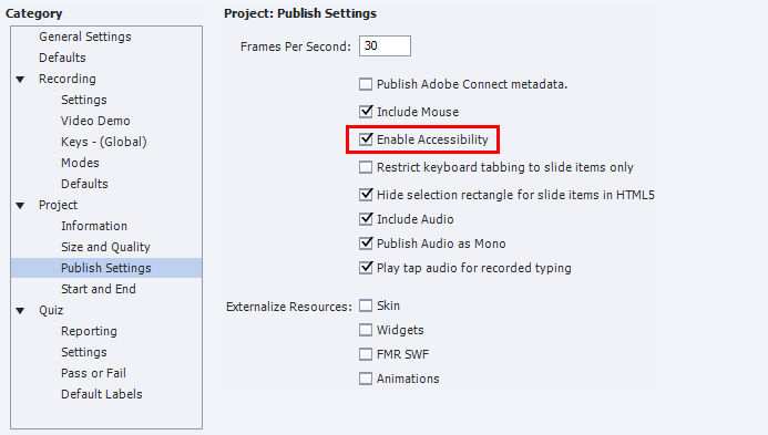 Enable accessibility in the project panel