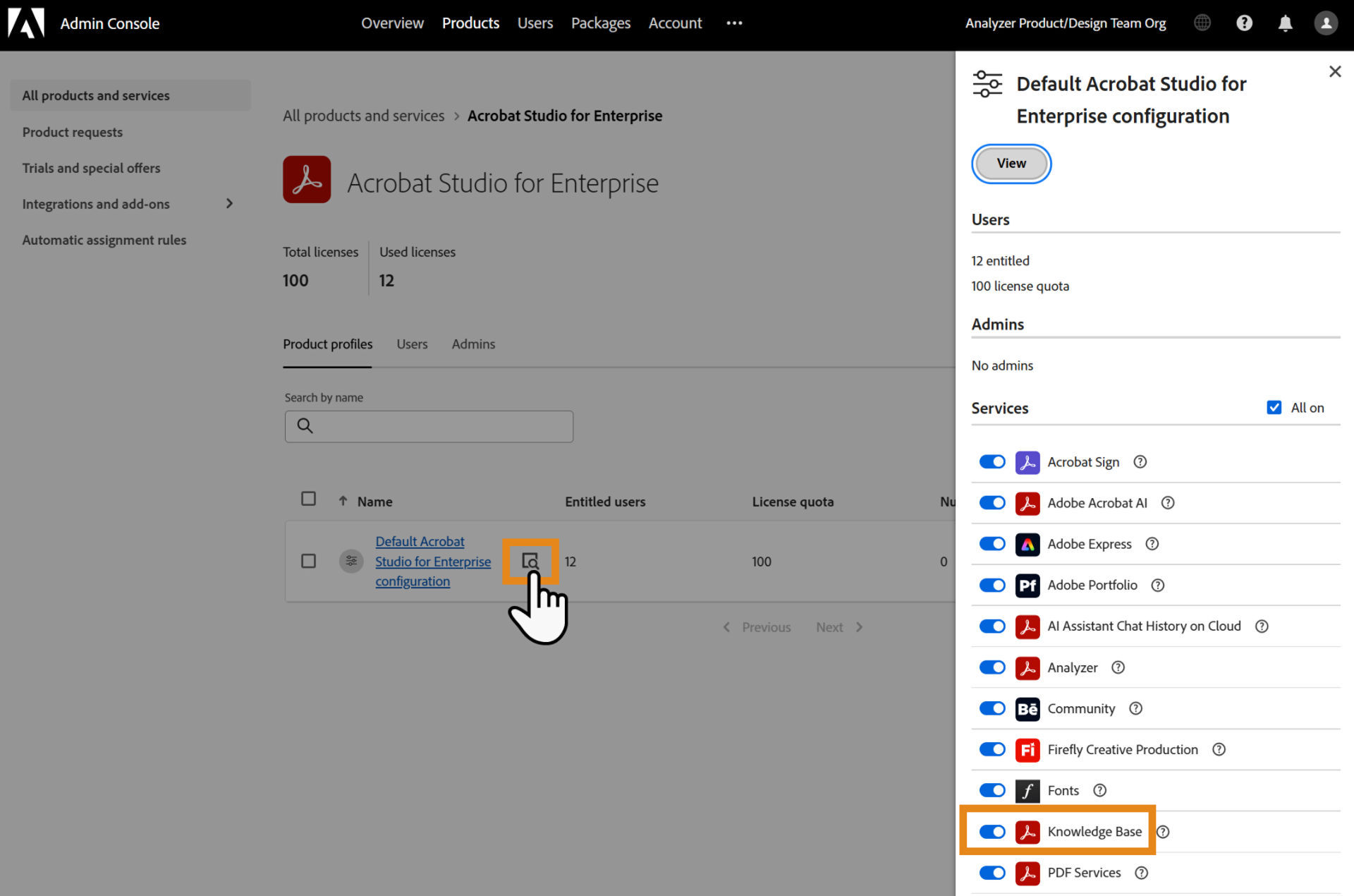 Adobe Admin Console showing the Acrobat Studio for Enterprise product profile details, with the Knowledge Base service enabled in the configuration panel.