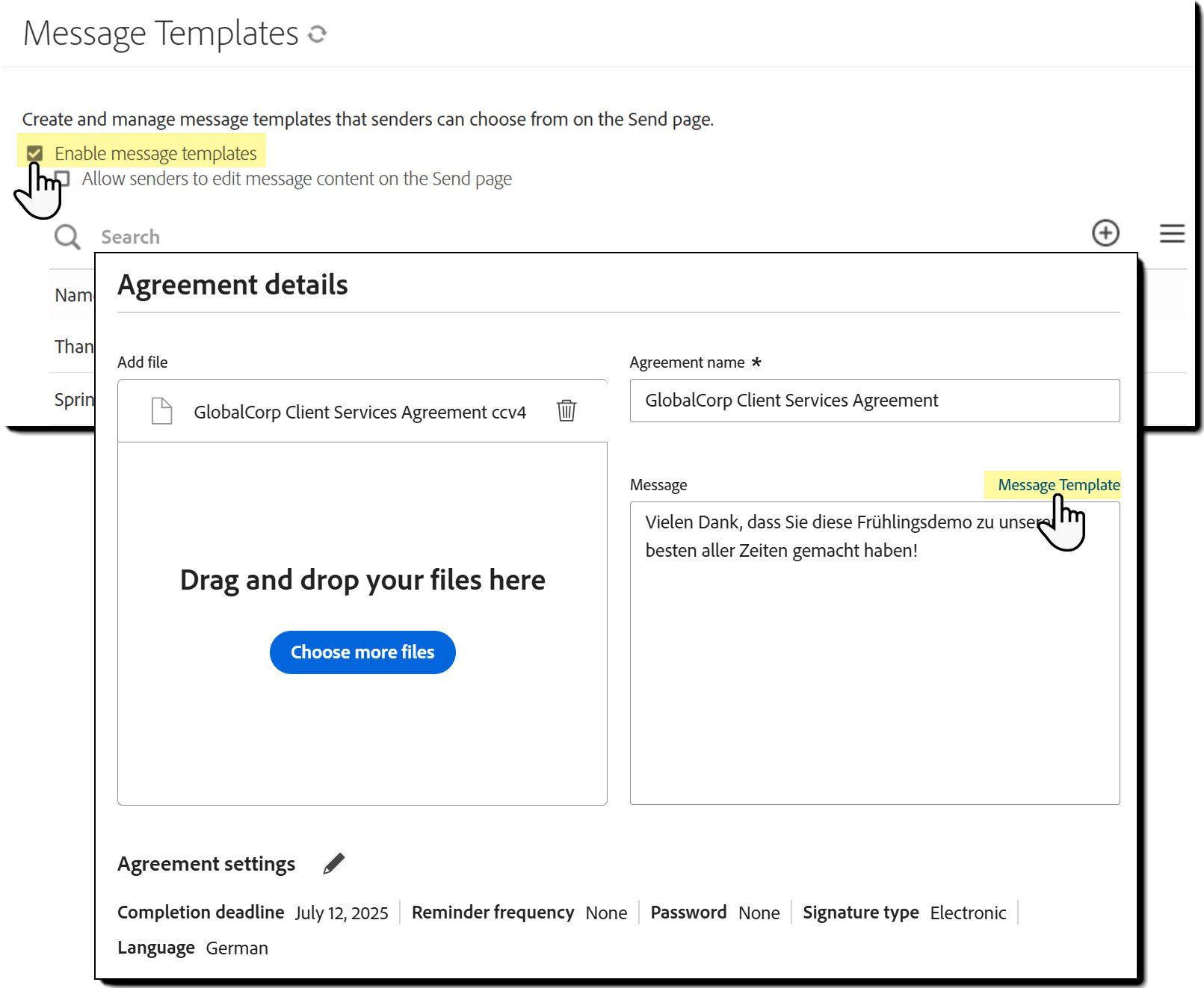 The Compose page showing the Message templates link