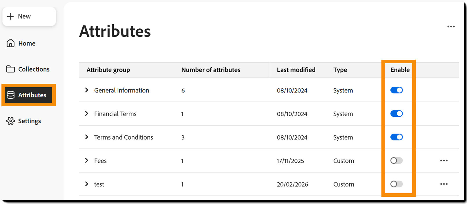 The "Attributes" tab with the enabled and disabled toggles highlighted.
