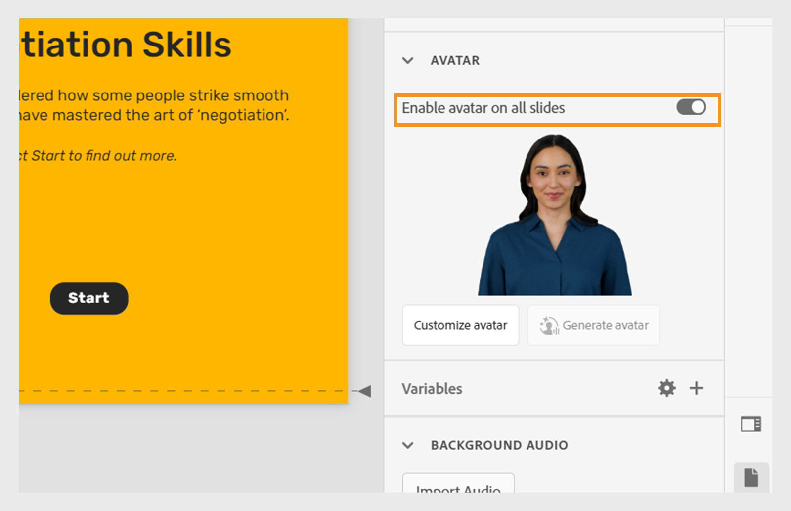 Avatar settings section in Project properties panel with Enable avatar on all slides toggle highlighted.