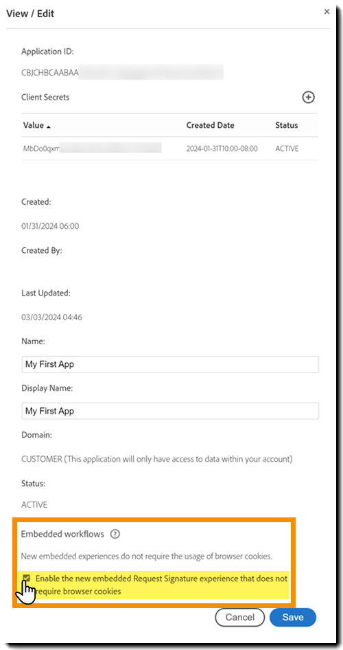 The View / Edit panel with the embedded workflow controls highlighted.