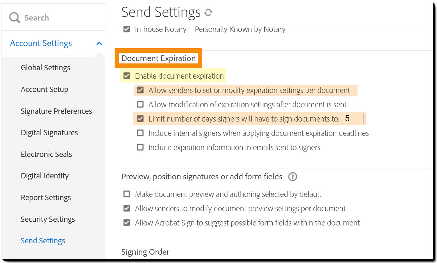 The Document Expiration controls on the Send Settings page with the "Enable document expiration" option highlighted.