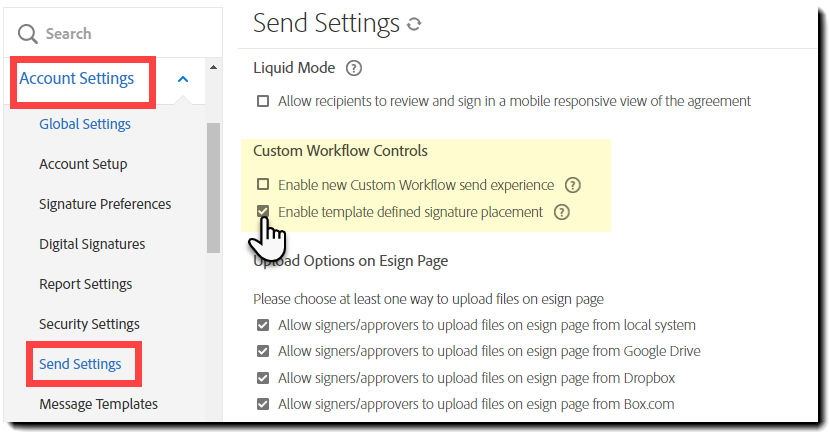 Configure workflows to use template efined signature placment