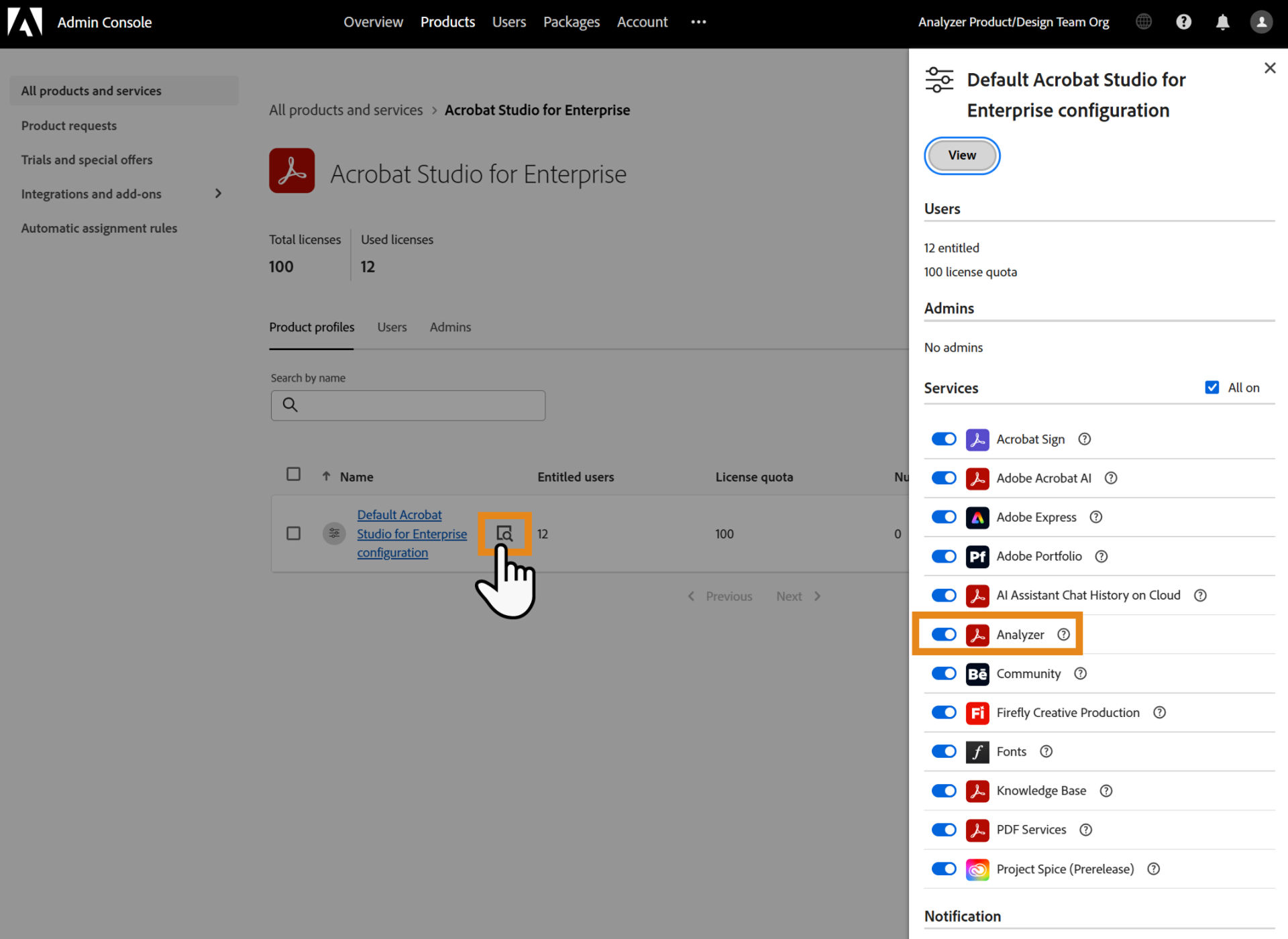 Adobe Admin Console showing the Acrobat Studio for Enterprise product profile details, with the Analyzer service enabled in the configuration panel.