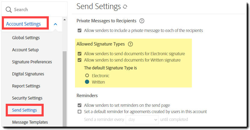 Allow senders to select a written signature type