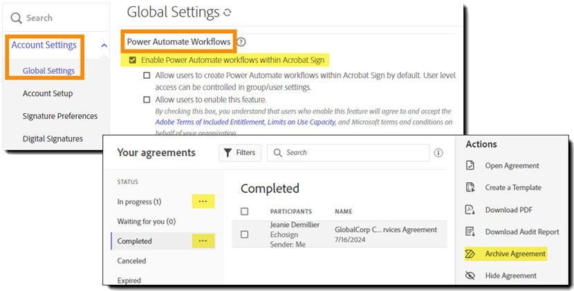 Two images, one of the Power Automate controls with the first control enabled, the second is the Manage page with the Power Automate links highlighted.