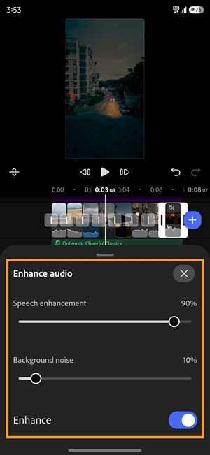The Enhance audio panel with sliders for Audio enhancement and Background noise and the Enhance toggle switched on.