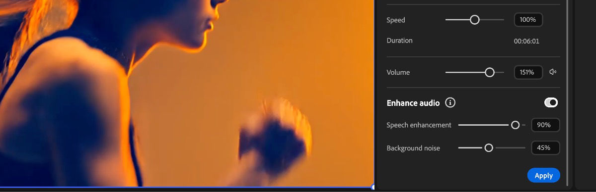 Enhance audio menu shows audio controls with sliders for speech enhancement and background noise reduction.