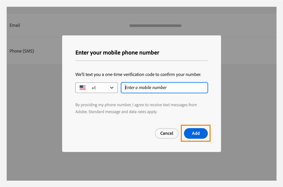 Enter your mobile phone number window to add your phone number